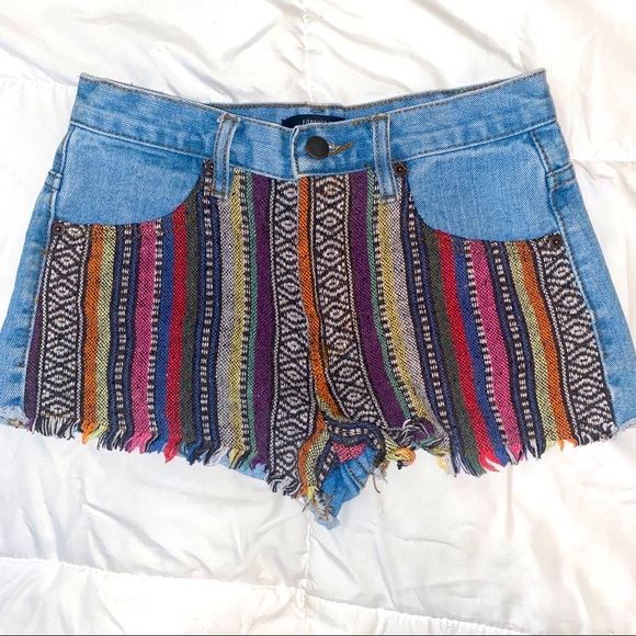 Forever 21 Multi Colored Frayed Denim Shorts - Picture 2 of 8